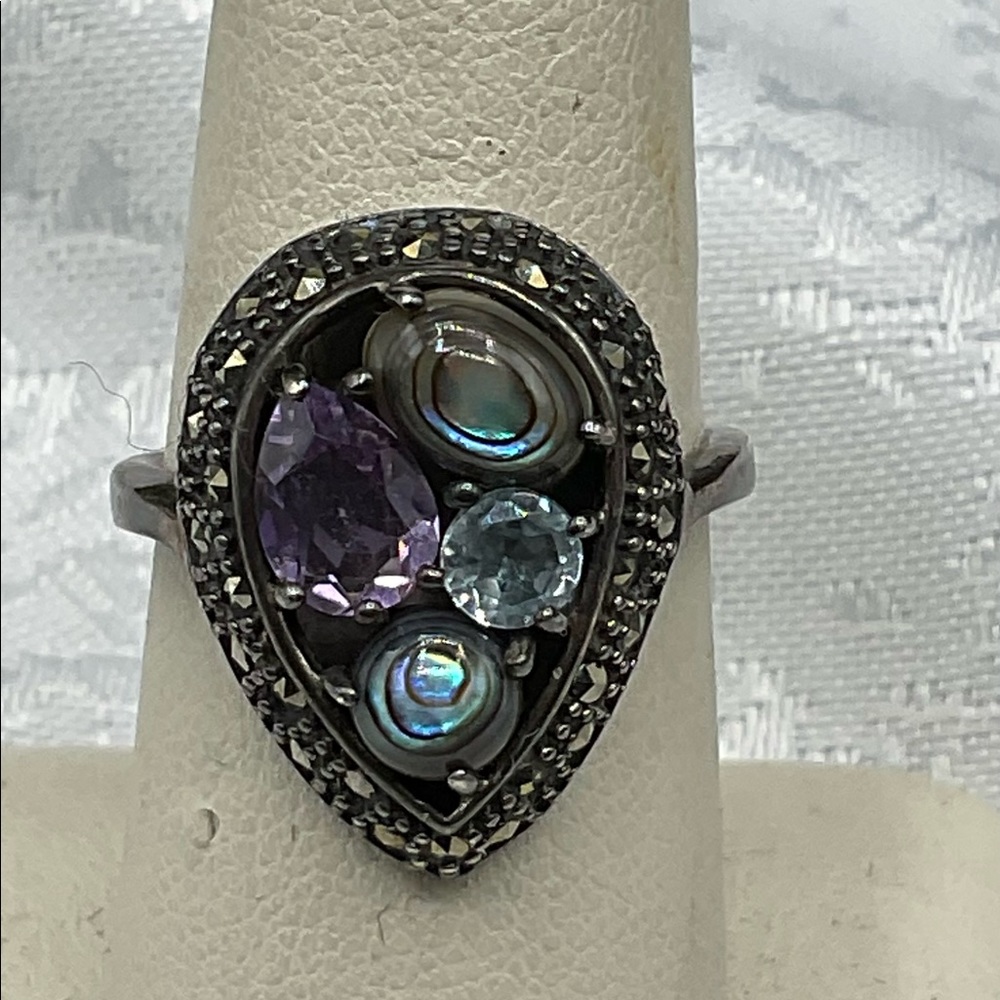 Marcasite, amethyst,topaz and abalone tear drop sterling silver ring